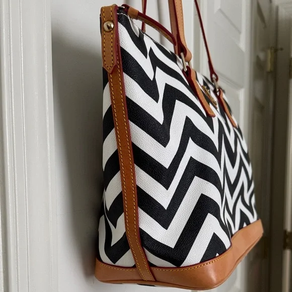 Dooney & Bourke Chevron Tote - Black and White with Tan Leather Trim - Picture 7 of 13